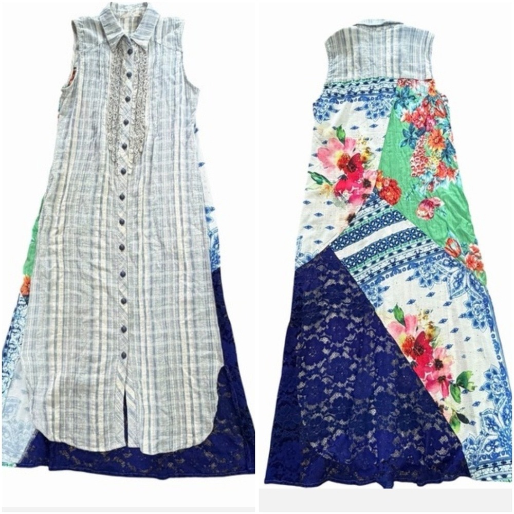 Soft Surroundings Maxi Dress Womens M Blue Striped Floral Lace Patchwork 2BP16